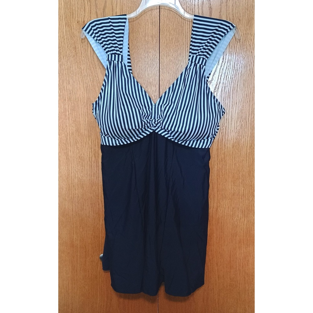 Summer Mae Navy Striped V-Neck Swim Dress Boy Shorts One Piece Swimsuit 3XL NWT
